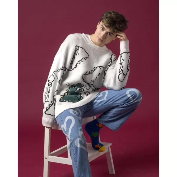 Aelfric Eden Mens Fashion Ducks Cartoon Sweaters Unisex Oversized Jumper Long Sleeve Casual Sweater Retro Couple TopWhite01