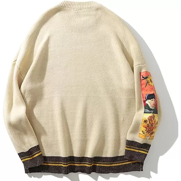 Aelfric Eden Mens Long Sleeve Van Gogh Printed Cable Knit Sweaters Casual Oversized Sweater PulloverBeige02