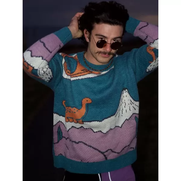 Aelfric Eden Mens Oversized Dinosaur Knit Sweater Vintage Cartoon Pullover Sweater Long Sleeve Christmas Sweater01ablue