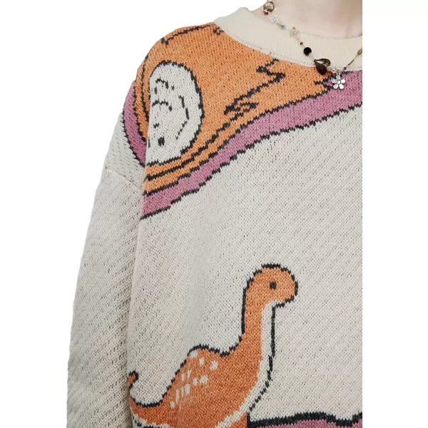 Aelfric Eden Mens Oversized Dinosaur Knit Sweater Vintage Cartoon Pullover Sweater Long Sleeve Christmas SweaterBeige