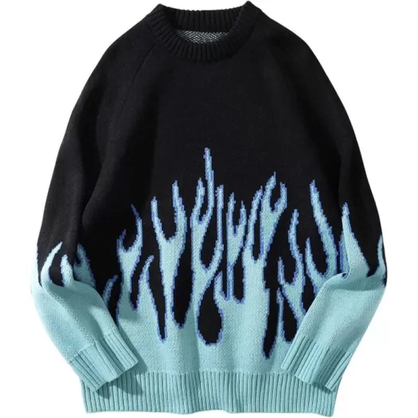 Aelfric Eden Mens Color Patchwork Oversized Sweater Knit Jumper Pullover Unisex Blue Flame Long Sleeve Casual SweatersBlack