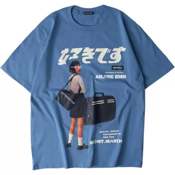 Aelfric Eden Mens Oversized T Shirts Tees Distorted Portrait Print Crew Neck Cotton Tops Streetwear Casual Shirt01 Blue