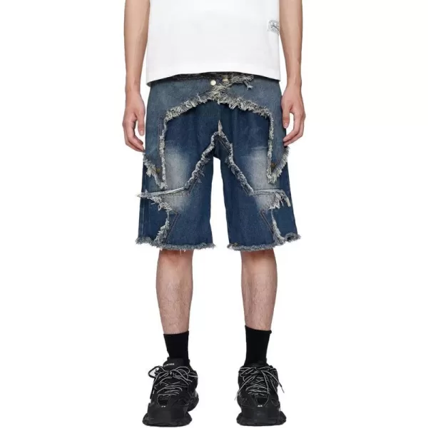 Aelfric Eden Mens Star Patchwork Denim Shorts Mid Rise Stretchy Patchwork Jeans Shorts Casual Denim Shorts StreetwearA04blue