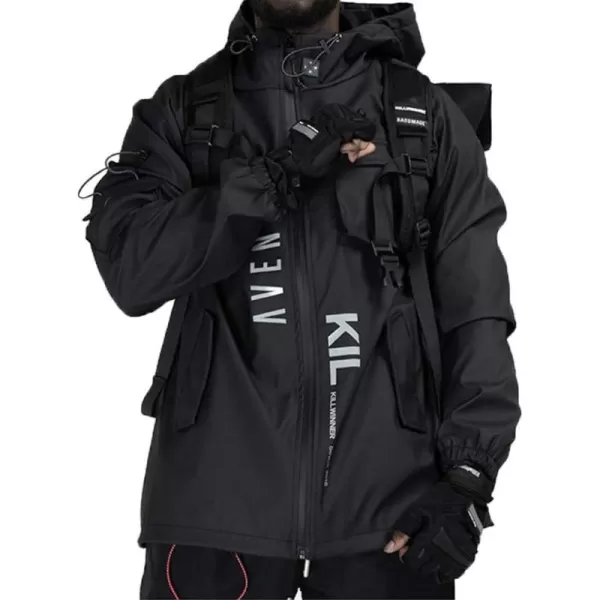 Aelfric Eden Streetwear Windbreaker Jackets Streetwear Multi Pockets Patchwork Hip Hop Cyberpunk Techwear Harajuku CoatBlack