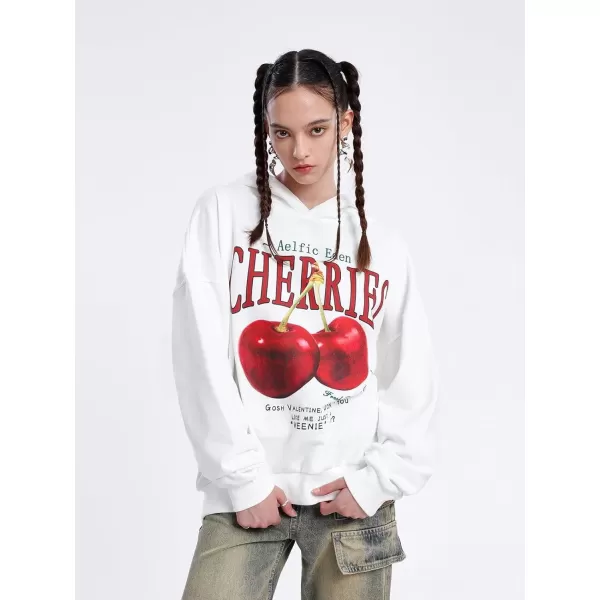 Aelfric Eden Graphic Hoodies Unisex Cherries Printed Oversized Hoodie Sweatshirt Long Sleeve Streetwear Hooded PulloverWhite