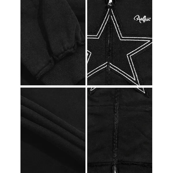 Aelfric Eden Star Zip Up Hoodie Vintage Washed Oversized Graphic Hoodies Streetwear Hooded Sweatshirts Jackets Unisex BlackBlack