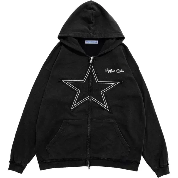 Aelfric Eden Star Zip Up Hoodie Vintage Washed Oversized Graphic Hoodies Streetwear Hooded Sweatshirts Jackets Unisex BlackBlack