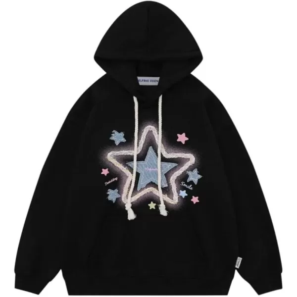 Aelfric Eden Womens Oversized Hoodies Star Graphic Fleece Hooded Streetwear Unisex Sweatshirts Pullover with PocketBlack