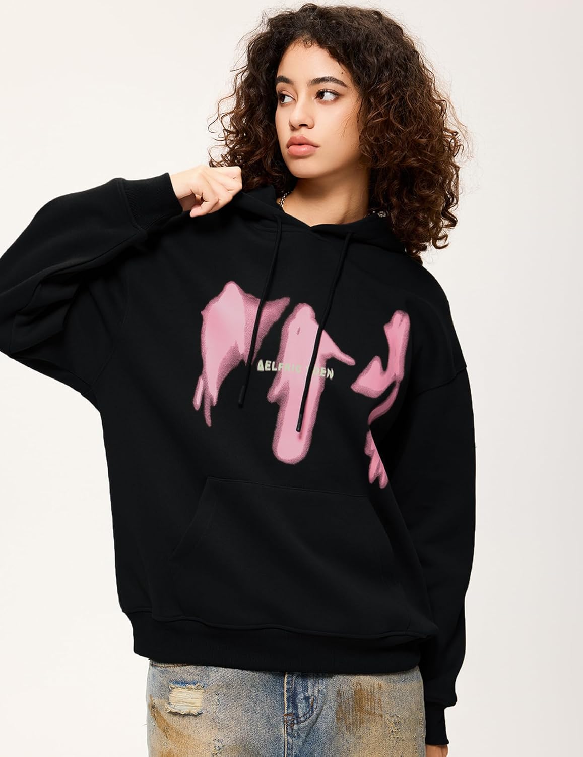 Aelfric Eden Oversized Hoodies for Women Streetwear Vintage Baggy Shadow Print Hoodie Pullover with pocketBlack