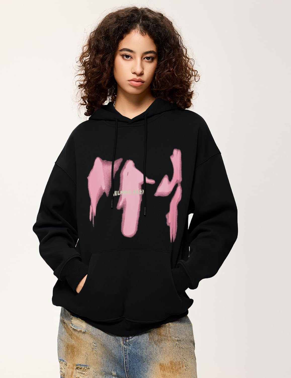 Aelfric Eden Oversized Hoodies for Women Streetwear Vintage Baggy Shadow Print Hoodie Pullover with pocketBlack