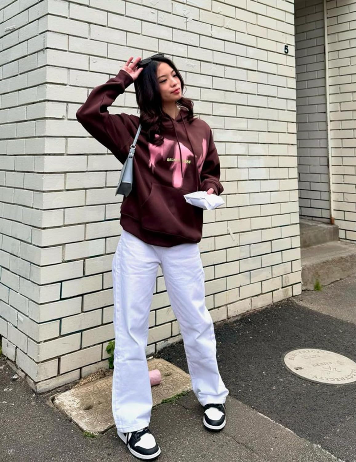 Aelfric Eden Oversized Hoodies for Women Streetwear Vintage Baggy Shadow Print Hoodie Pullover with pocketBrown