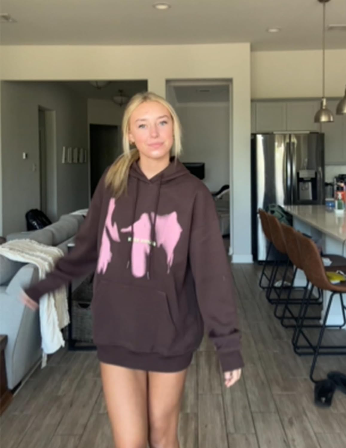 Aelfric Eden Oversized Hoodies for Women Streetwear Vintage Baggy Shadow Print Hoodie Pullover with pocketBrown