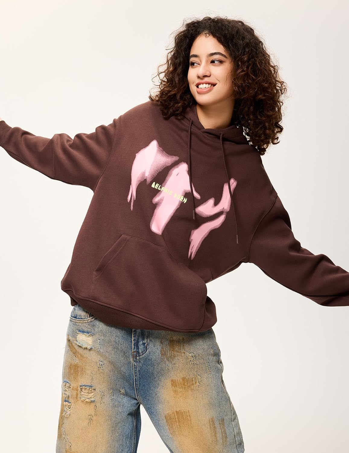 Aelfric Eden Oversized Hoodies for Women Streetwear Vintage Baggy Shadow Print Hoodie Pullover with pocketBrown