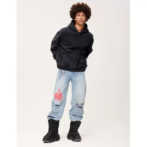 Aelfric Eden Mens Hoodies Oversized Vintage Acid Wash Hoodie Heavyweight Cotton Fleece Hoodies Hooded Sweatshirt StreetwearBlack