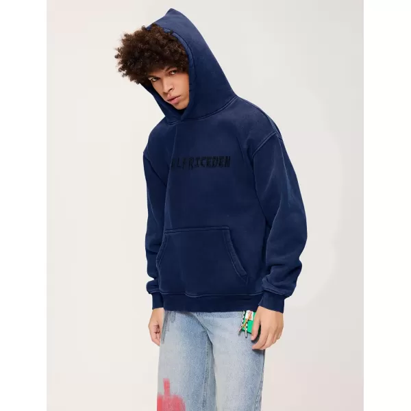 Aelfric Eden Mens Hoodies Oversized Vintage Acid Wash Hoodie Heavyweight Cotton Fleece Hoodies Hooded Sweatshirt StreetwearNavy Blue