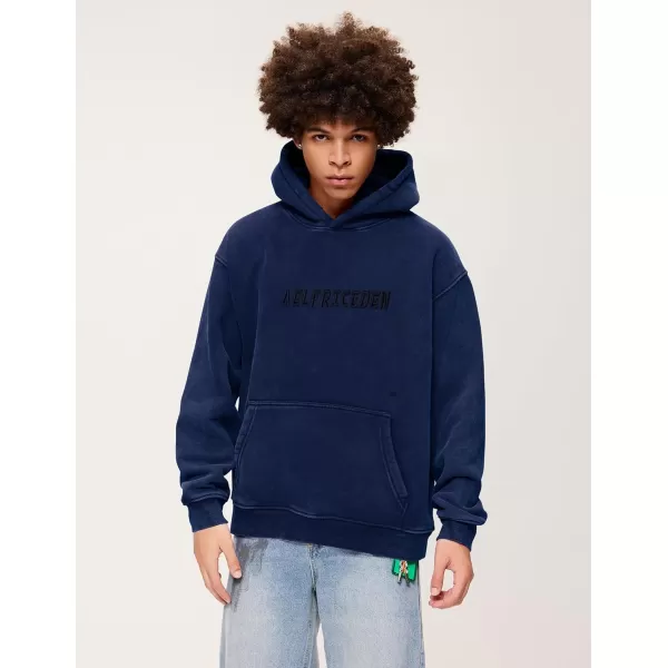 Aelfric Eden Mens Hoodies Oversized Vintage Acid Wash Hoodie Heavyweight Cotton Fleece Hoodies Hooded Sweatshirt StreetwearNavy Blue