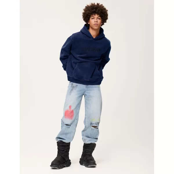 Aelfric Eden Mens Hoodies Oversized Vintage Acid Wash Hoodie Heavyweight Cotton Fleece Hoodies Hooded Sweatshirt StreetwearNavy Blue