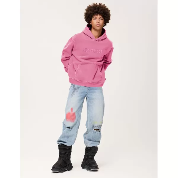 Aelfric Eden Mens Hoodies Oversized Vintage Acid Wash Hoodie Heavyweight Cotton Fleece Hoodies Hooded Sweatshirt StreetwearPink