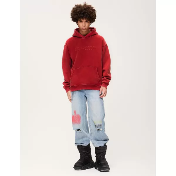 Aelfric Eden Mens Hoodies Oversized Vintage Acid Wash Hoodie Heavyweight Cotton Fleece Hoodies Hooded Sweatshirt StreetwearRed