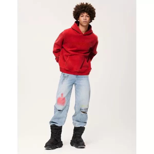 Aelfric Eden Mens Hoodies Oversized Vintage Acid Wash Hoodie Heavyweight Cotton Fleece Hoodies Hooded Sweatshirt StreetwearRed