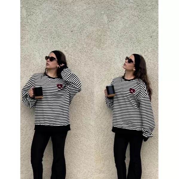 Aelfric Eden Oversized Sweatshirt for Women Crewneck Striped Sweatshirt Preppy Shirts Y2K TopsBlack