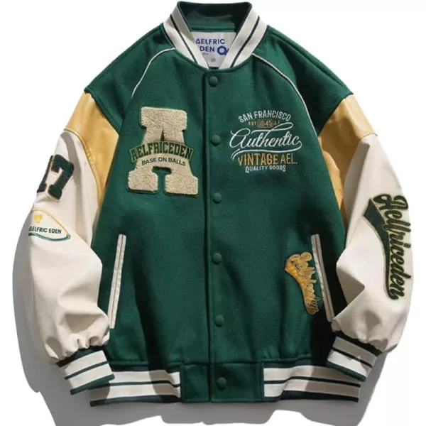 Aelfric Eden Mens Varsity Jacket Vintage Graphic Baseball Jacket Unisex Coats StreetwearX595green