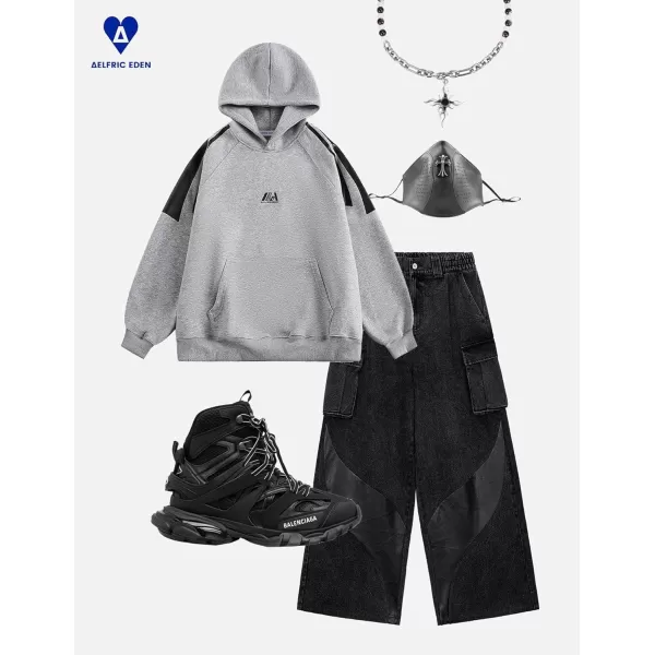 imageAelfric Eden Oversized Hoodie Mens Vintage Patchwork Hoodies Casual Streetwear Hooded Sweatshirt with PocketGrey