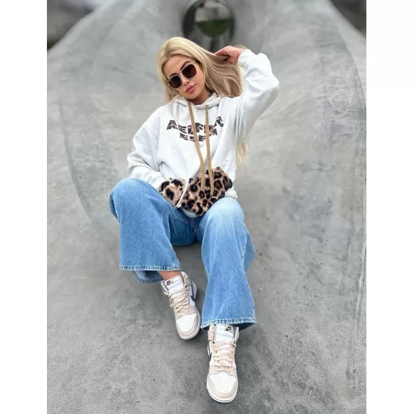 imageAelfric Eden Oversized Hoodies Womens Leopard Letter Print Hoodie Fall Y2k Hooded Sweatshirts with PocketLight Gray