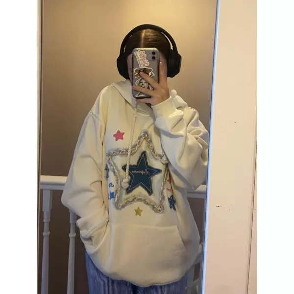 imageAelfric Eden Womens Oversized Hoodies Star Graphic Fleece Hooded Streetwear Unisex Sweatshirts Pullover with Pocket Apricot