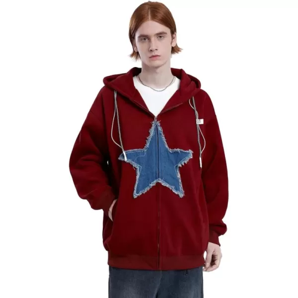 imageAelfric Eden Starlight Denim Patchwork Hoodie Mens Casual Oversized Hoodies Zipper SweatshirtB2red