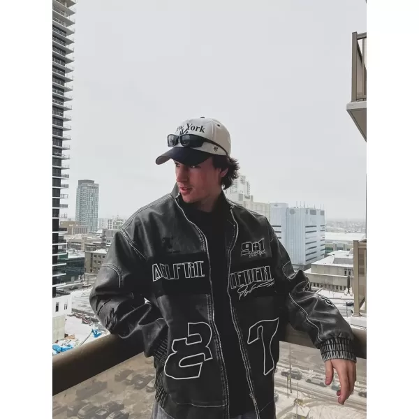 imageAelfric Eden Mens Faux Leather Jacket Motorcycle Racer Racing Jackets Washed Oversized Unisex Streetwear JacketDark Grey