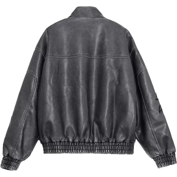 imageAelfric Eden Mens Faux Leather Jacket Motorcycle Racer Racing Jackets Washed Oversized Unisex Streetwear JacketDark Grey