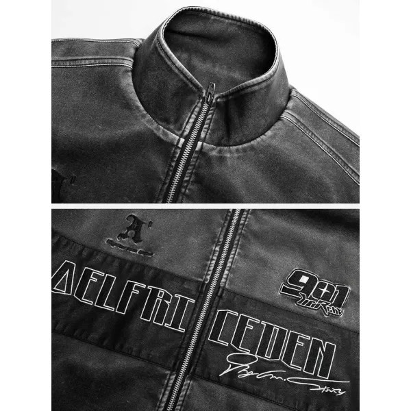 imageAelfric Eden Mens Faux Leather Jacket Motorcycle Racer Racing Jackets Washed Oversized Unisex Streetwear JacketDark Grey