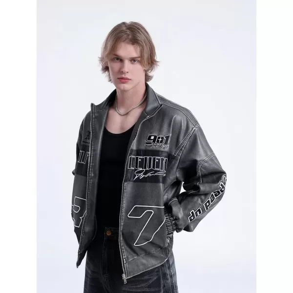imageAelfric Eden Mens Faux Leather Jacket Motorcycle Racer Racing Jackets Washed Oversized Unisex Streetwear JacketDark Grey