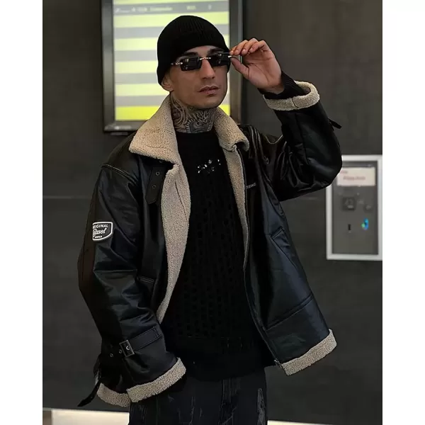 imageAelfric Eden Mens PU Jacket Oversized Varsity Jacket Zipper Closure Casual Patchwork Lamb Collar Winter Coats02black