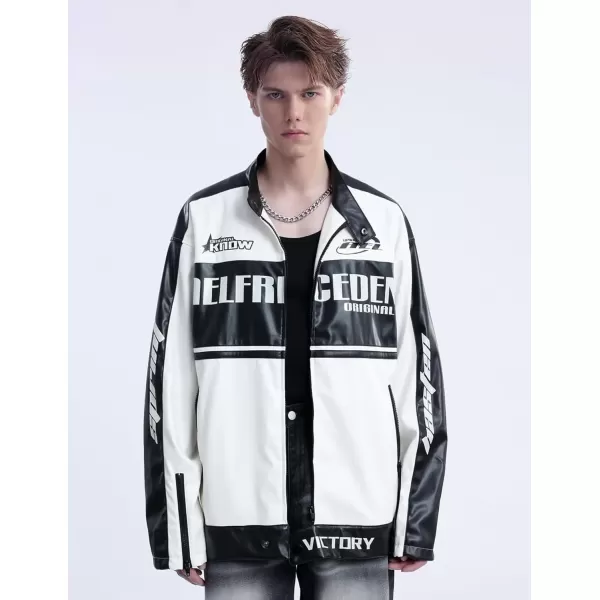 imageAelfric Eden Mens Patchwork PU Motorcycle Jacket Letter Graphic Oversized Jackets Unisex Punk Casual StreetwearWhite