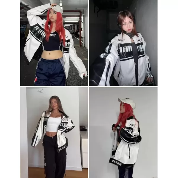 imageAelfric Eden Mens Patchwork PU Motorcycle Jacket Letter Graphic Oversized Jackets Unisex Punk Casual StreetwearWhite