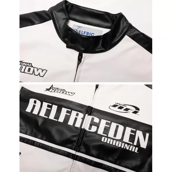 imageAelfric Eden Mens Patchwork PU Motorcycle Jacket Letter Graphic Oversized Jackets Unisex Punk Casual StreetwearWhite