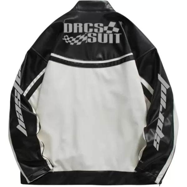 imageAelfric Eden Mens Patchwork PU Motorcycle Jacket Letter Graphic Oversized Jackets Unisex Punk Casual StreetwearWhite