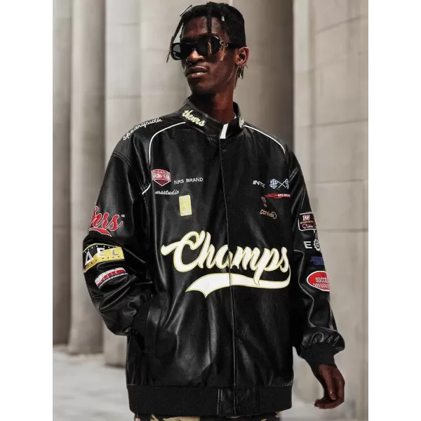 imageAelfric Eden Mens varsity Jacket Zipper Casual Faux Leather Oversized Unisex Biker Motorcycle Bomber streetwear coatsA10black
