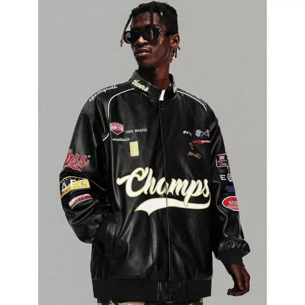 imageAelfric Eden Mens varsity Jacket Zipper Casual Faux Leather Oversized Unisex Biker Motorcycle Bomber streetwear coatsA10black