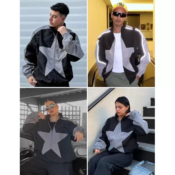 imageAelfric Eden Reflective Stripe Star Zipper Jacket Graphic Oversized Lightweight Jacket Casual Comfy Soft CoatsBlack