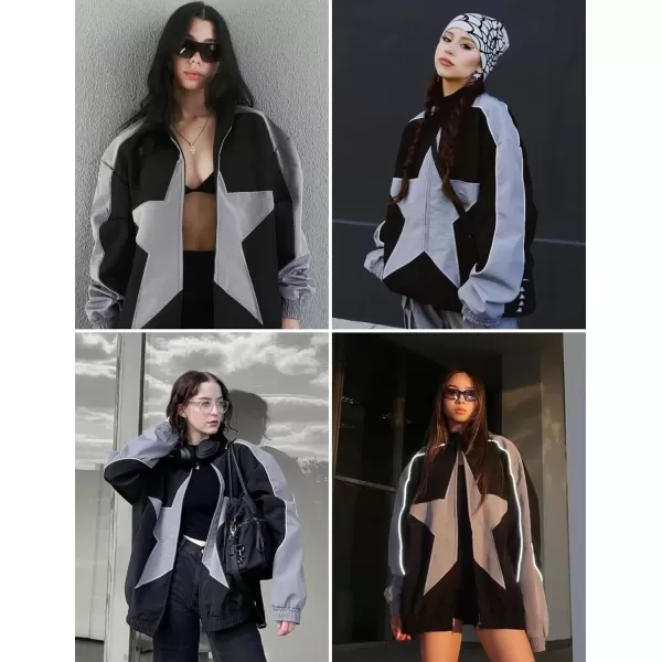 imageAelfric Eden Reflective Stripe Star Zipper Jacket Graphic Oversized Lightweight Jacket Casual Comfy Soft CoatsBlack
