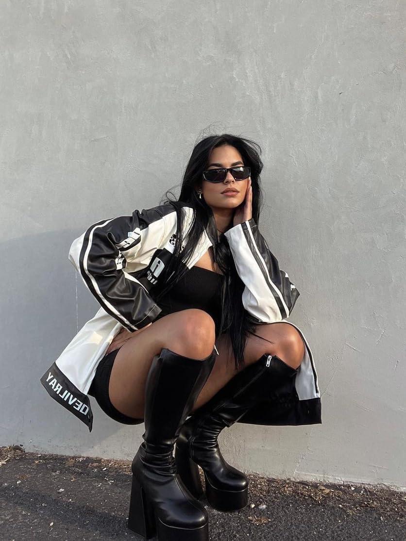 imageAelfric Eden Leather Bomber Jackets Vintage Oversized Patchwork Varsity Racing JacketWhite
