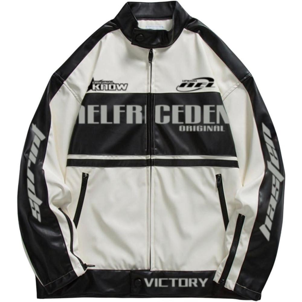 imageAelfric Eden Leather Bomber Jackets Vintage Oversized Patchwork Varsity Racing JacketWhite