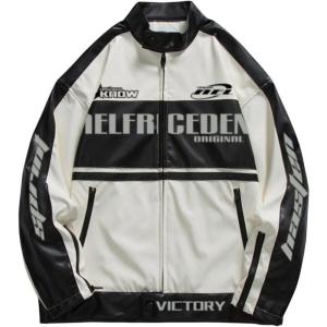 imageAelfric Eden Leather Bomber Jackets Vintage Oversized Patchwork Varsity Racing JacketWhite
