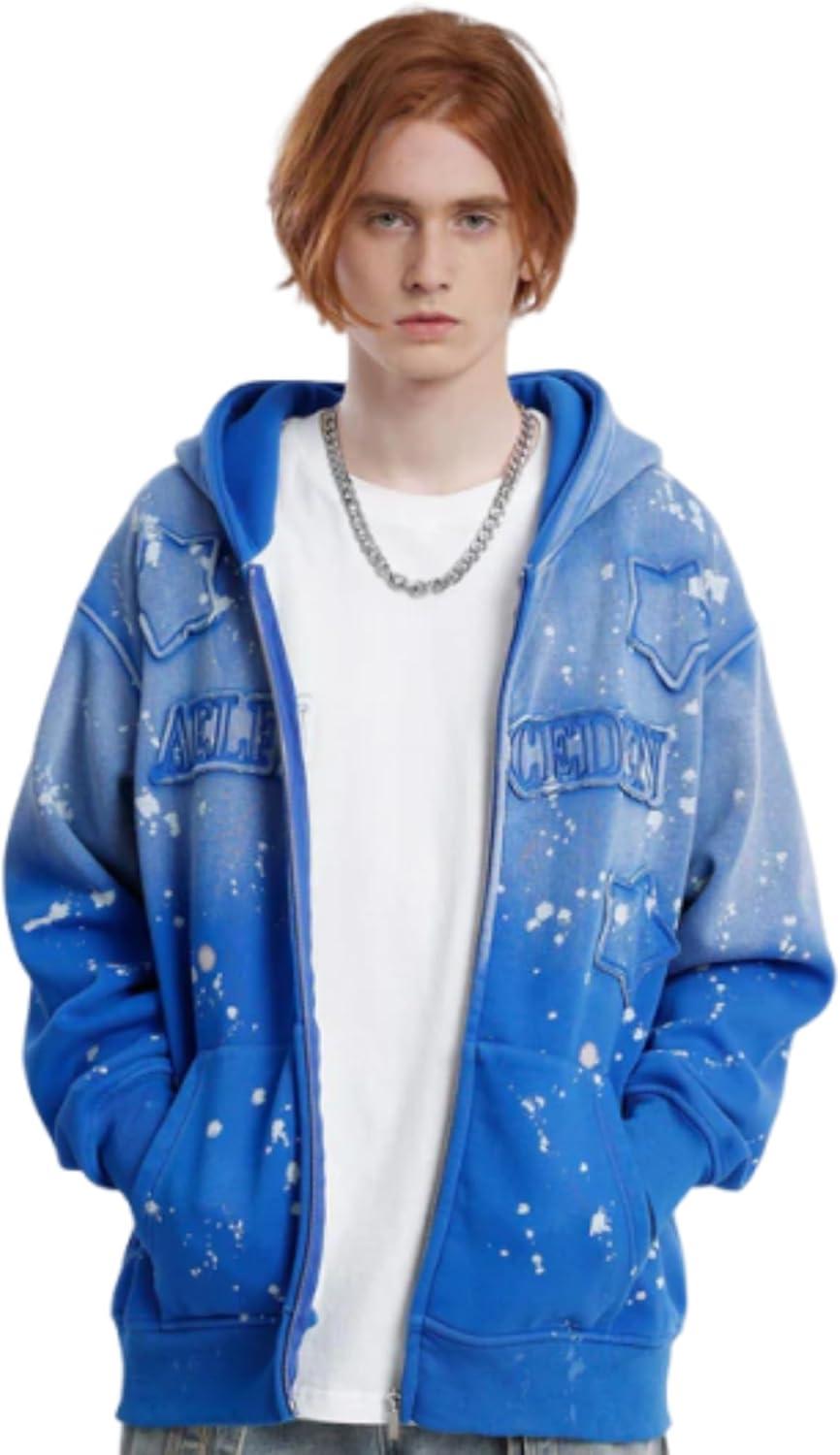 imageAelfric Eden Hoodies Star Patch Gradient Zip Up Hoodie Casual Oversized Hooded Zipper Sweatshirts Trendy OutfitsBlue