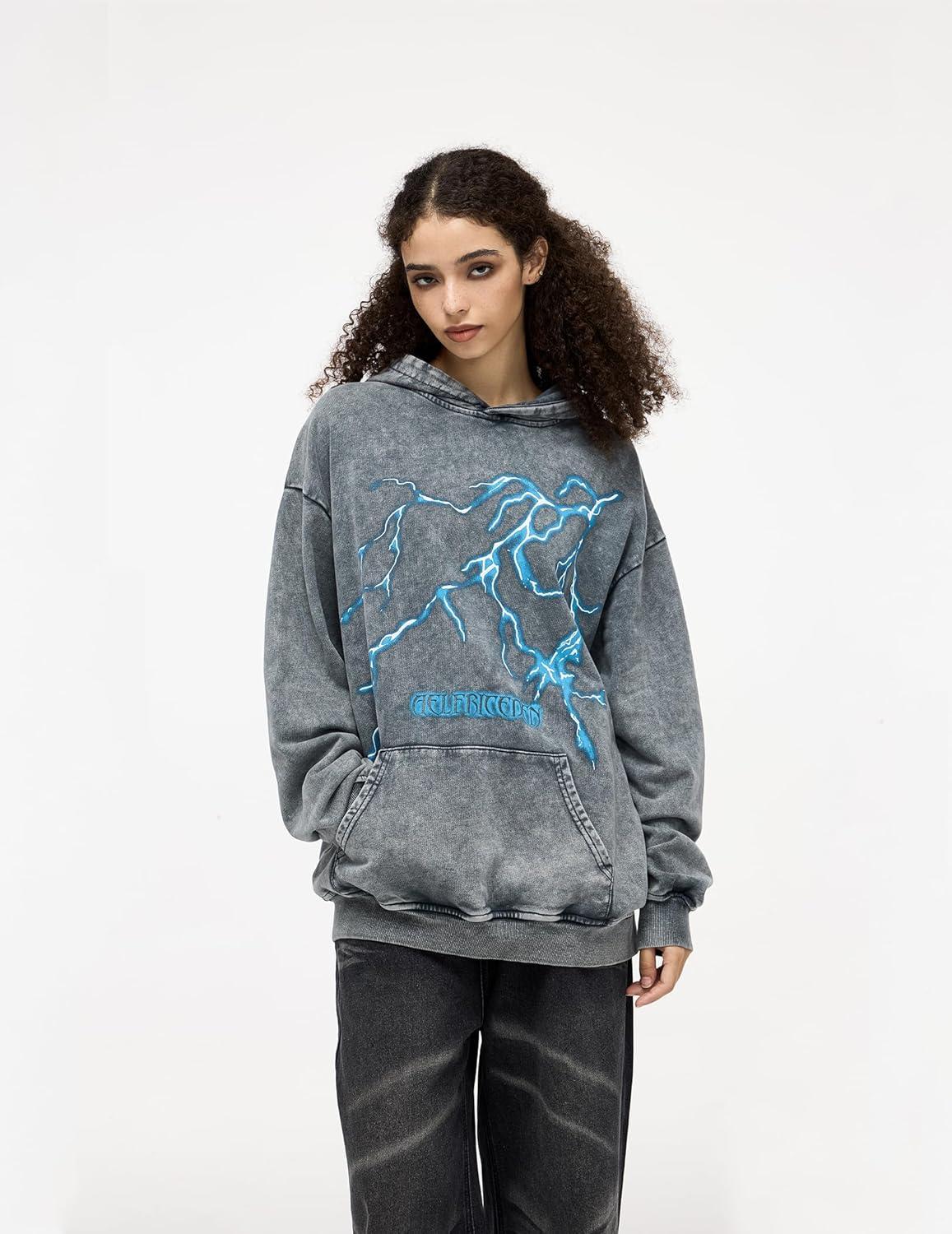 imageAelfric Eden Mens Lightning Graphic Hoodies Print Oversized Unisex Streetwear Vintage Hoodie Y2k Sweatshirt Pocket PulloverBlue Grey