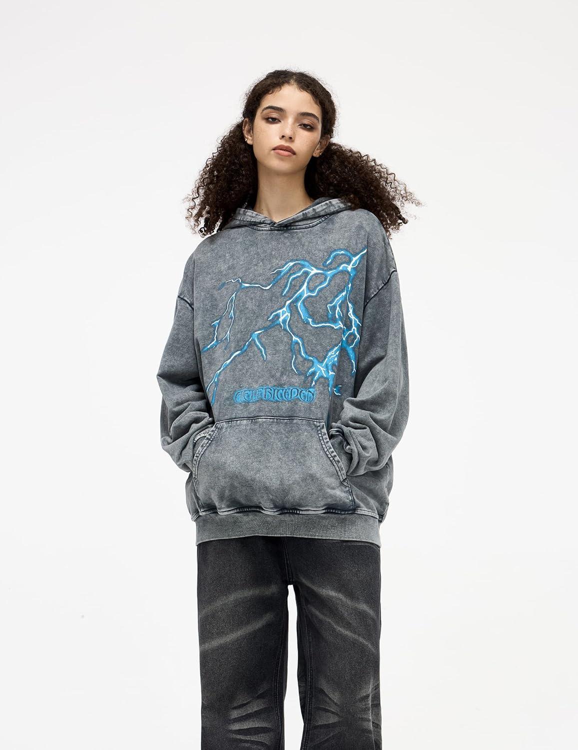 imageAelfric Eden Mens Lightning Graphic Hoodies Print Oversized Unisex Streetwear Vintage Hoodie Y2k Sweatshirt Pocket PulloverBlue Grey