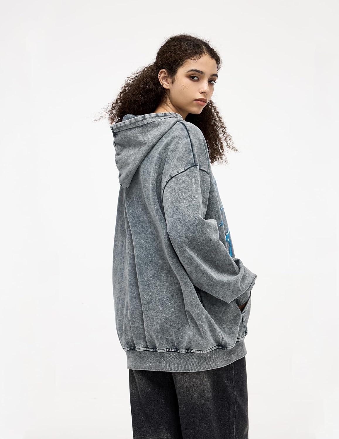 imageAelfric Eden Mens Lightning Graphic Hoodies Print Oversized Unisex Streetwear Vintage Hoodie Y2k Sweatshirt Pocket PulloverBlue Grey